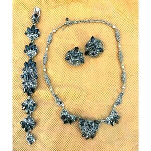 Vintage Black Rhinestone Filigree Necklace, Bracelet & Earrings Set